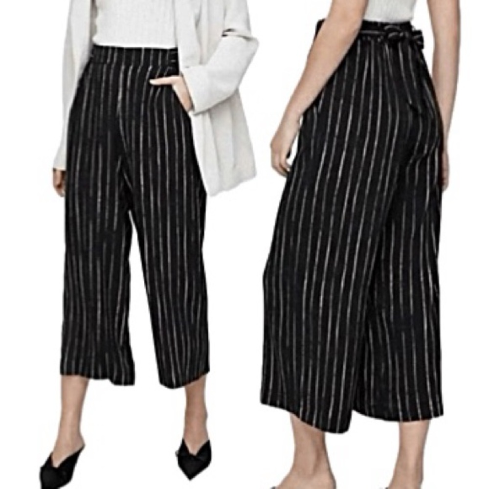 Aritzia Wilfred Black Pinstripe Wide Leg Cropped Trousers Size M Belted Pants